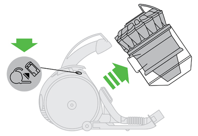 diagram showing how to remove the bin and cyclone from the machine.